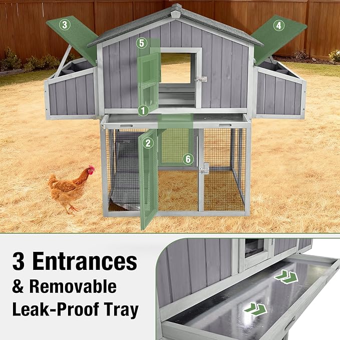 Large Chicken Coop with Unique Folding Design – Easy Assembly, Outdoor Hen House with 2 Nesting Boxes, Leakproof Pull-Out Tray, and UV-Resistant Roof (Grey)