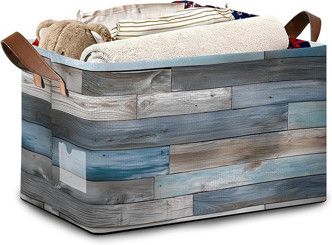 Vintage Wood Grain Storage Baskets,Barn Wooden Foldable Large Capacity Organizer Bins with Waterproof Lining and Leather Handles for Closet,Shelf,Bedroom 17x11.5x10Inch
