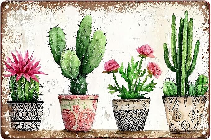 Four basins Cactus Metal tin Sign Watercolor Cactus Tin Sign Green Plant Wall Decor for Home Living Room Kitchen Garden Bedroom Office Hotel Cafe Decoration 8X12Inch