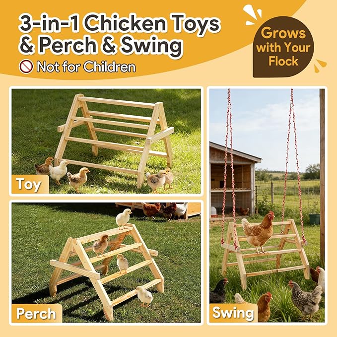 17" Extra Long Chicken Perch, 3-in-1 Chicken Roosting Bars with Swing, Natural Pine Wood Chicken Roost, Chicken Coop Accessory for Hens, Chicks, Parrots & Other Birds
