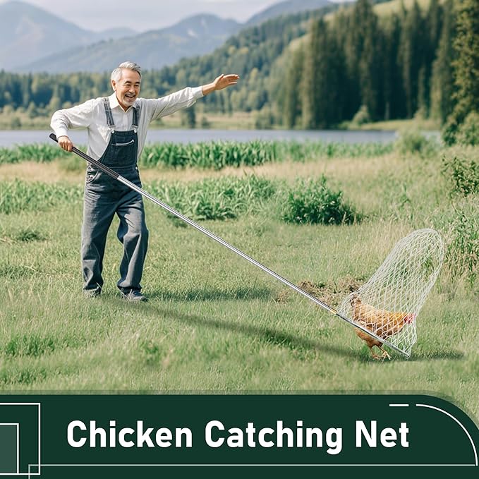 Flehomo Chicken Catcher Set, Chicken Catching Net with Leg Hook & Telescopic Pole, Adjustable from 32.5" to 74", 16 x 24 Inch Net, Chicken Coop Accessories Suitable for Outdoor Poultry Catching
