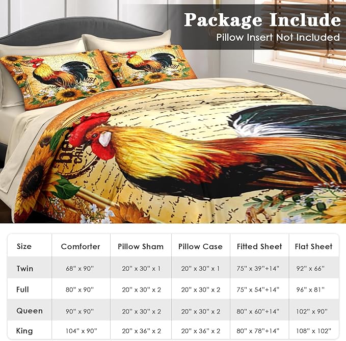 Comforter Set King Size, Rooster Vintage Chicken 7 Pcs Bedding for Kids and Adults, Sunflower Flower Farm Bed Sheet Sets with Fitted Sheet 2 Pillowcases & 2 Shams for Bedroom Bed Decor