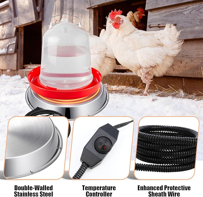 6 Pcs All-in-One Chick Brooder Kit with 48W Chicken Water Heated for Winter Chick Feeder and Waterer Set Poultry Waterer Heated Base Chicken Duck Goose