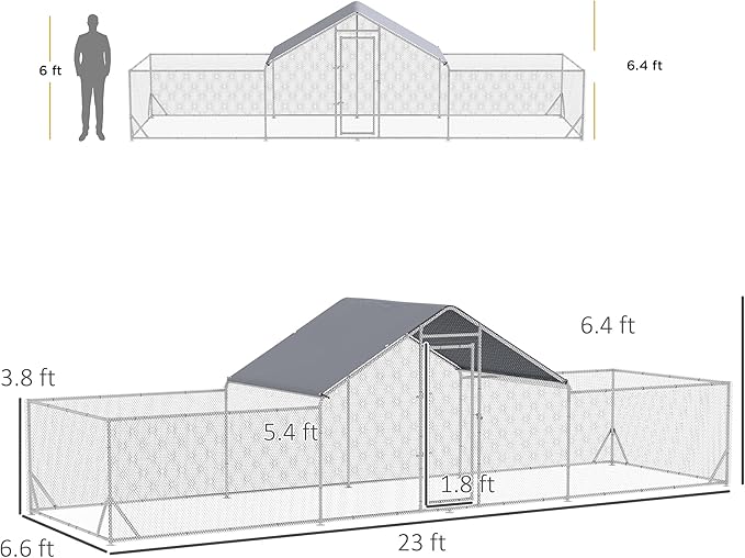 PawHut Large Chicken Coop Metal Chicken Run for Chickens with Waterproof and Anti-UV Cover, Spire Shaped Walk in Fence Cage Hen House for Outdoor and Yard Farm Use, 1" Dia, 23' x 6.6' x 6.4'