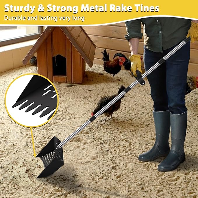 Chicken Poop Scooper - 2-in-1 Chicken Coop Scoop & Rake,65inch Adjustable Long Handle Chicken Scooper for Poop with Grip, Sifting Litter Shovel Scoop for Chicken Coop,Goat Stall and Stable Cleaning