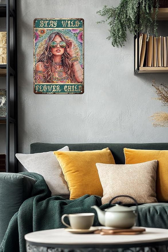 HARIKUIYIN Rustic Retro Metal Tin Sign Stay Wild Flower Child Girl Flowers Wall Art Metal Poster Home Wall Decoration Bar Office Kitchen Home Bedroom Courtyard Decoration Sign 12x8 Inch