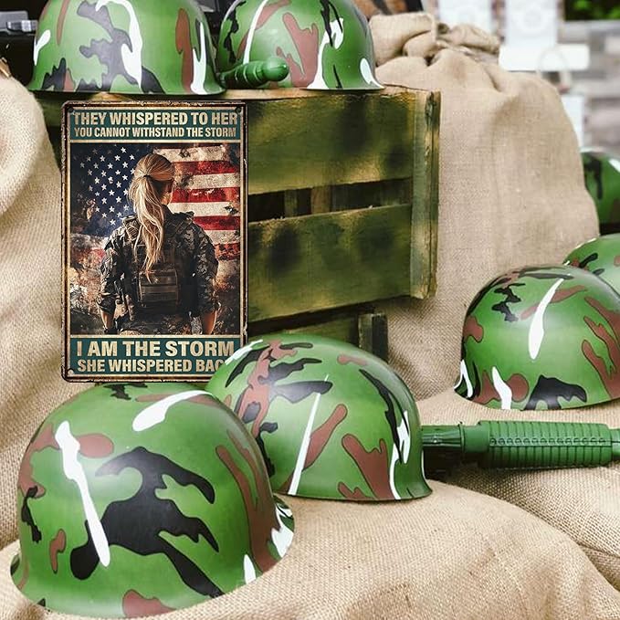 PEACHGARDEN Vintage Female Soldiers Metal Sign Patriotic Veteran Wall Decor I Am the Storm Poster for Soldier Home Living Room Bar Pub Outdoor Decoration 8x12inch
