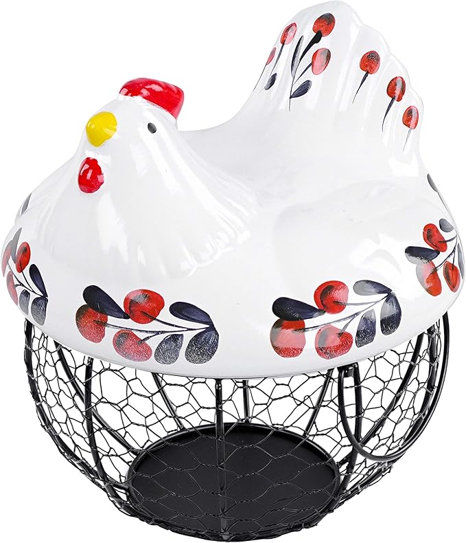 Rural365 Chicken Egg Basket in Navy and Red Design Ceramic Chicken Shaped Lid with Round Wire Basket Base and Handles