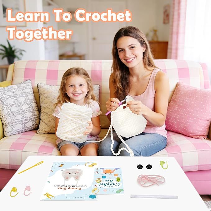 Alvian Crochet Kit for Beginners Crossbody Wallet Belt Bag Crochet Starter Kits Craft Knitting Crocheting Kits with Yarn, Hook, & Tutorial Gift for for Birthday (White-Bunny Bag)