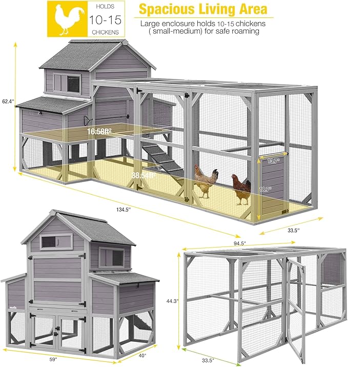 Aivituvin Extra Large Chicken Coop for 10-15 Chickens, Reinforced Structure Outdoor Wooden Chicken House with 6 Nesting Boxes, Extended Run, Waterproof Roof, Iron Edge, 137" L x 63" W x 62" H