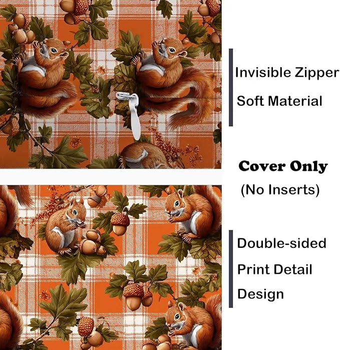 Fall Squirrel Throw Pillow Covers 18x18 Inch, Set of 2 | Autumn Woodland Plaid Square Cushion Cases for Couch Sofa Living Room | Rustic Farmhouse Home Decor, Decorative Pillowcases