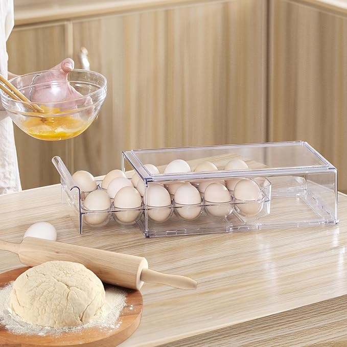 Egg Container for Refrigerator, Stackable Egg Holder, Drawer Type Egg Organizer Holds 18 Eggs – Transparent