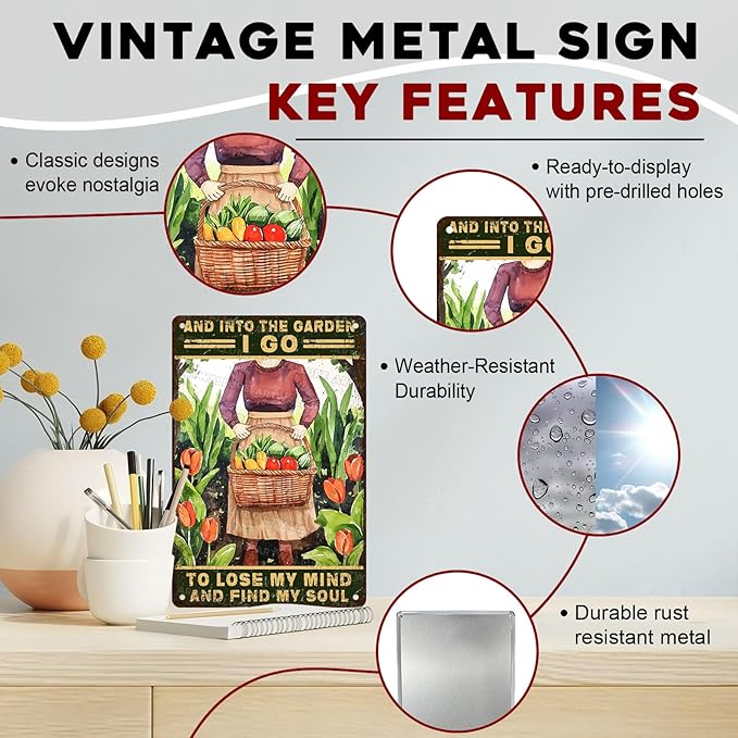 Metal Garden Sign And Into The Garden I Go Vintage Tin Sign for Outdoor Decor Yard Patio Farmhouse Garden 8x12 Inch
