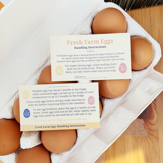 100 Pack Premium Fresh Farm Eggs Handling Instructions Care Accessories Cards Labels | Egg Blank Cartons 4 6 12 15 18 30 48 50 Count Basket Box Container Storing Extra Organizer -M06CH100