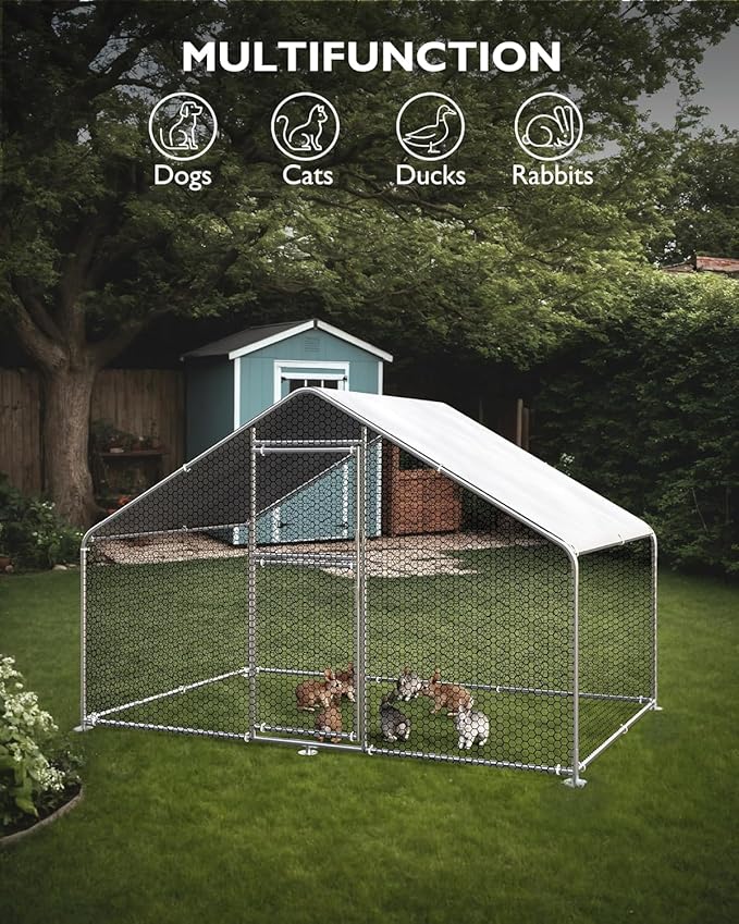 Heavy Duty Large Metal Chicken Coop for Hens –Walk-in Poultry Cage with Waterproof UV-Resistant Cover ＆ Reinforcing Ribs, Ventilated Peaked Roof Outdoor Hen House for Backyard, 9.8'Wx13.1'Lx6.5'H