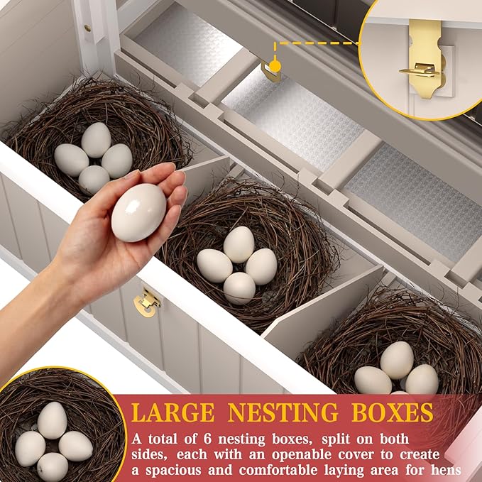 Large Chicken Coop Outdoor, Expandable Hen House with 6 Nesting Boxes, Rabbit Hutch Bunny Cage Poultry for 2-5 Chickens with 3 Perches, Leakproof Pull-on Tray and Rampy(61" L x 33.5" W x 40.2" H)