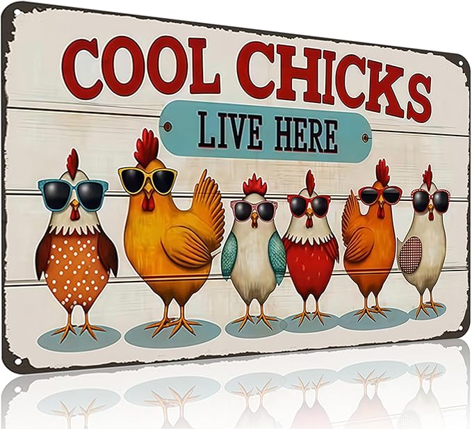 Funnysign Chicken Decor Cool Chicks Live Here Vintage Tin Sign for Chicken Coop Farm Kitchen Garden Yard Decor 8x12 INCH(3832)