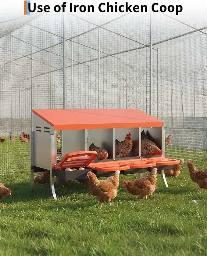 Chicken Nesting Boxes, 4 Hole Metal Rollaway Nest Box for Laying Hens with Cleanable Pull-Out Trays Wall Mount or Placed Design for Easy Egg Collection & Cleaning(Includes Legs)