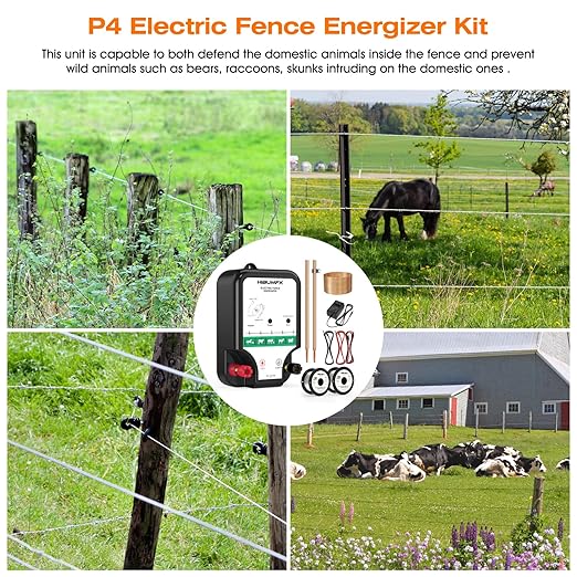 P4 Electric Fence Energizer Smart Fencing System with grounding Systems kit and Wiring Kits,Ideal for Poultry, Livestock, and Preventing Wild Animals Intruding