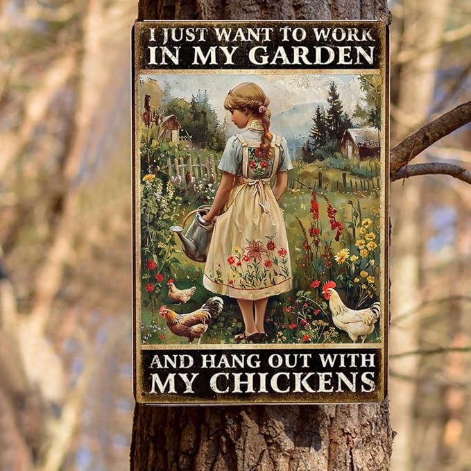 Vintage Girl Chicken Metal Tin Sign Farm Chicken Sign Poster Wall Decor-Retro Chicken Accessories Coop Signs Chicken Signs 8 x 12 inches