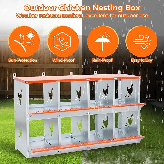 Chicken Nesting Box, 8 Compartment Metal Nesting Boxes for Chickens, Wall Mountable Chicken Laying Boxes, Easy Egg Collection, with Nesting Pads, Indoor & Outdoor Use, 42.5" L x 17" W x 25" H