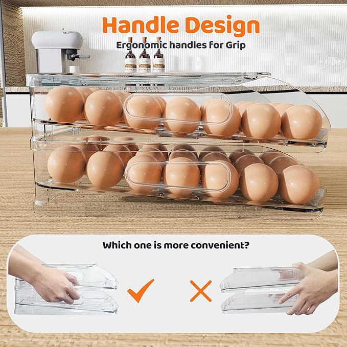 Egg Holder for Fridge, Automatic Steady Rolling Egg Dispenser with Silicone Bumpers & Handle for Refrigerator, Large Capacity Egg Organizer with Lid