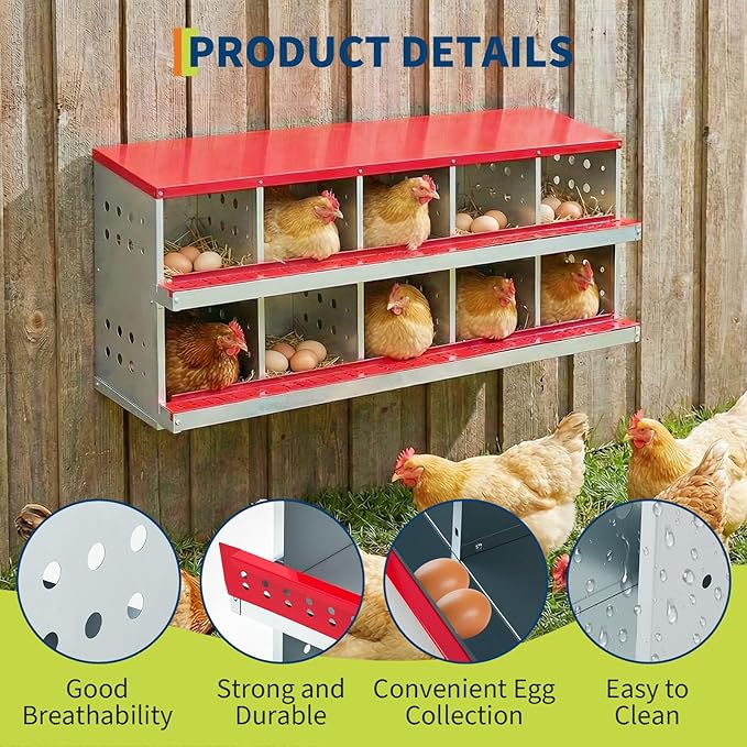 Metal Chicken Nesting Boxes - 10 Hole Wall-Mountable Laying Boxes with Flip-Top Lid & Roll-Away Egg Collection, Weatherproof Galvanized Steel, Includes 10 Fake Eggs for Chicken Coop, Red
