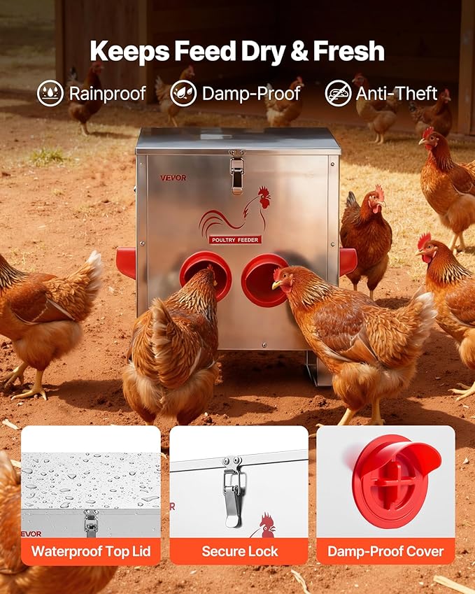 VEVOR Automatic Chicken Feeder, 25 lbs Capacity, 6 Feeding Ports No-Waste Poultry Feeder, Automatic Gravity, with Handle Latch Lid, Metal Construction, for Chickens Bantams Pheasants Poultry Coop
