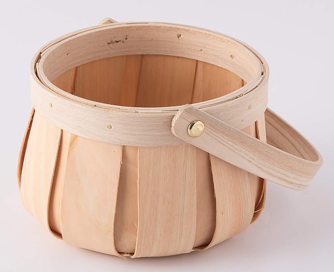 Vintiquewise Small Round Natural Woodchip Wooden Decorative Storage Basket with Handle