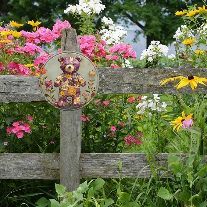 Bear Round Metal Tin Sign Wreath Farm Flowers Rustic Vintage Wall Art Decor for Home Garden Porch Yard Farmhouse Outdoor Decor 8x8inch