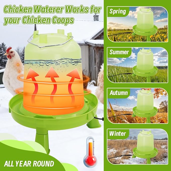 Heated Chicken Waterer 6L Thermostatically Controlled Poultry Water Heater with Overheating Protection, Galvanized Steel Handle Automatic Heated Poultry Drinker for Coop Chickens, Ducks, Geese (Green)