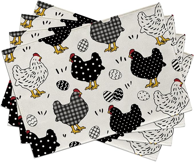 Seliem Chicken Hen Placemats Set of 4, Eggs Buffalo Plaid Polka Dots Farm Dining Table Place Mats, Spring Farmhouse Rustic Kitchen Decor Home Decoration 12 x 18 Inch