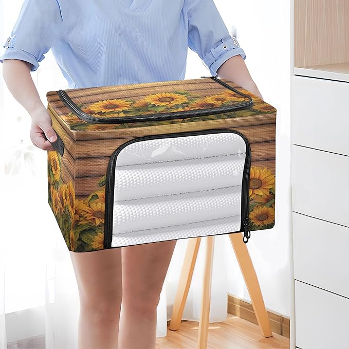 xigua Wood Grain Sunflower Clothes Storage Bins with Hold Shape Metal Frame, 2 Opening Ways Foldable Clothes Organizer Box with Clear Window & Handles for Seasonal Clothing