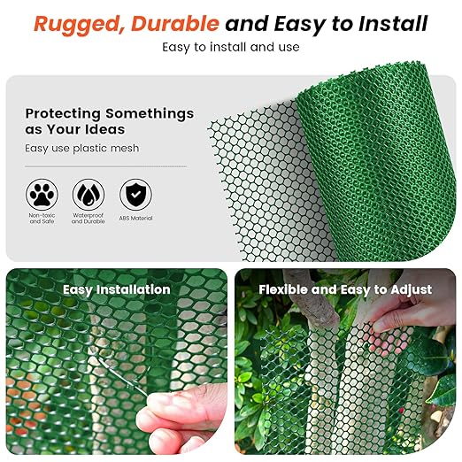 16IN x 50FT Plastic Chicken Wire Mesh, Chicken Wire for Floral Arrangements, Chicken Wire Mesh for Crafts with 100 Pcs Zip Ties, Mesh Fence for Dogs, Deers, Poultry