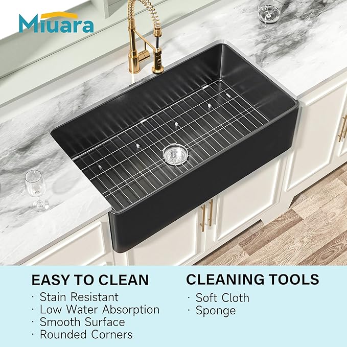 Miuara Black Farmhouse Sink 36 Inch - Extra Large Apron Front Undermount Kitchen Sink Reversible 36"x20"x10", Farm House Style Deep Single Bowl, Heavy Duty Solid Fireclay, Matte Black, for Kitchen