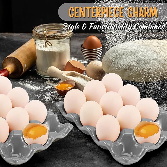 Flexzion 12 Cups Ceramic Egg Holder for Fridge - Dozen Ceramic Egg Tray Porcelain Container Storage Organizer Decorative Serving Stand Serveware for Refrigerator Countertop Display (Gray, 2 Pack)