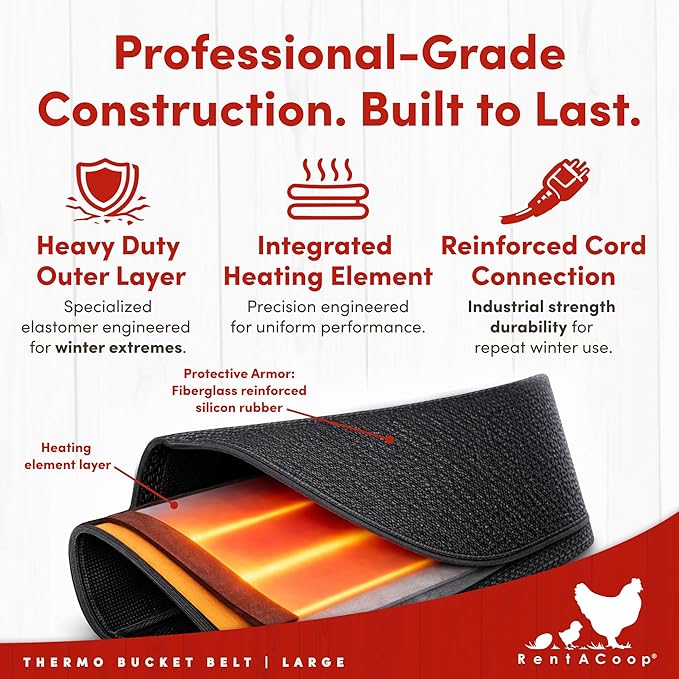 RentACoop Heated Chicken Waterer Belt for Winter, Thermo Bucket Heater Strap LG with Insulated Wrap for 2-5 Gal, 40W Energy Efficient, Safe to -10°F, Auto Thermostat