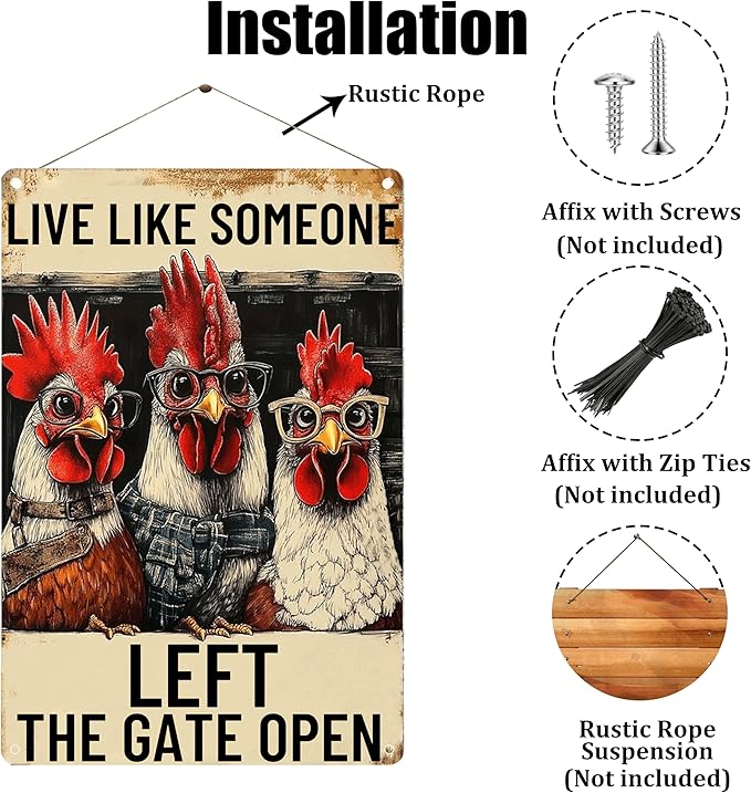 Vintage Metal Chicken Signs-Funny Chicken Decor Sign Live Like Someone Left The Gate Open Tin Sign for Home Chicken Coop Farm Fence Kitchen Bathroom Bedroom Wall Decor 8x12 Inches