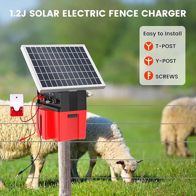 Solar-Powered Electric Fence Charger with Alarm,1.2 Joule Output, Up to 20 Miles Coverage,12000mAh Battery &10W Solar Panel Energizer for Livestock & Predator Deterrence