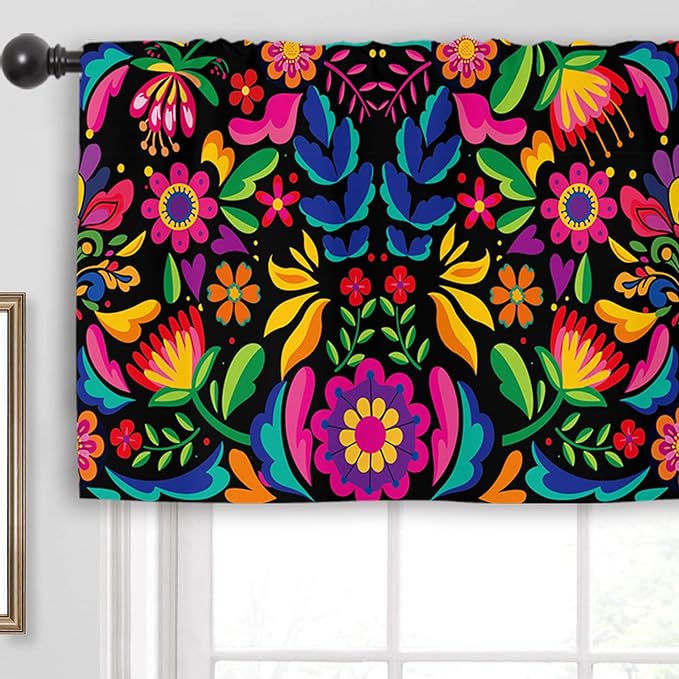 Miyotaa Mexican Fiesta Kitchen Curtain Valance 54W x 18H Rod Pocket Cinco De Mayo Dia De Los Muertos Colorful Flower Window Treatment for Living Room Bedroom Bathroom Laundry