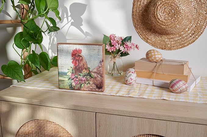 Spring Floral Chicken Sign for Home Décor, Primitives by Kathy Natural Wood Block Sign, Rustic Style with Distressed Details, Hand Painted Art, 6 by 6 Inches, Designed for Wall or Tabletop Display