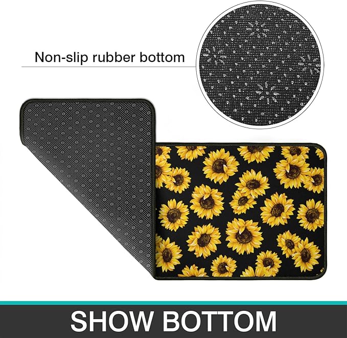 Roszwtit Sunflower Kitchen Rugs and Mats Set of 2, Black Sunflowers Non-Slip Backing Kitchen Rug, Kitchen Sets Low-Profile Washable Floor Mat for Home Kitchen Decor - 17x29 and 17x47 Inch