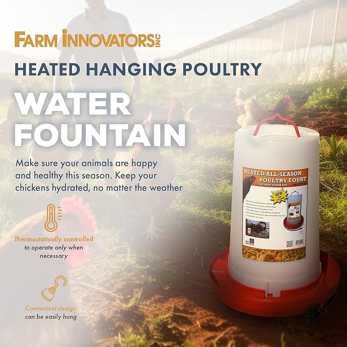 Farm Innovators Heated Chicken Waterer, Hanging Poultry Water Fountain, 3 Gallon, Red - Plastic Water Dispenser with Heater for Chicks, Chickens, and Livestock