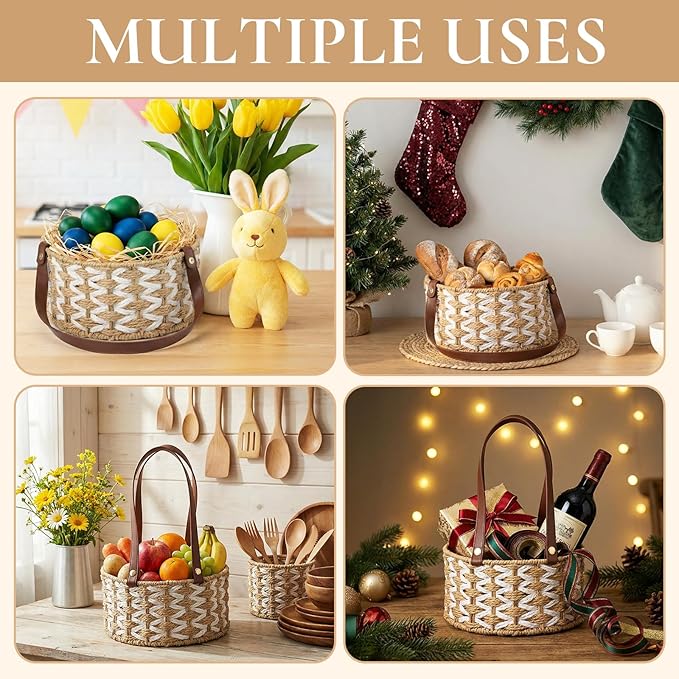 2 Size Egg Collecting Baskets with Handle for Collecting Chicken Fresh Eggs Farmhouse Wicker Basket Vintage Countertop Fruit Holder Detachable Faux Leather Handle for Storage Harvest Kitchen