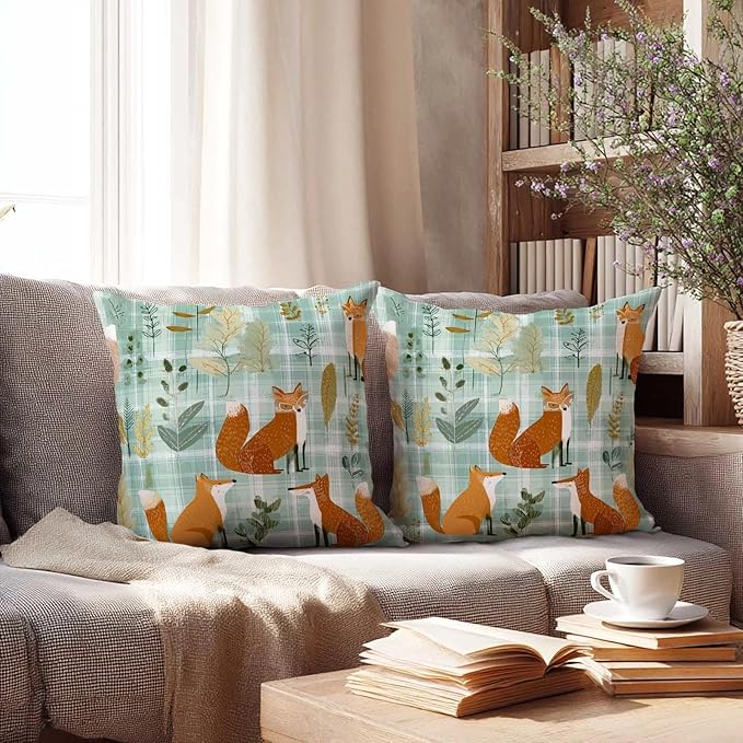 Fox Plaid Farmhouse Throw Pillow Covers 18x18 Inch, Set of 2 | Woodland Cottagecore Square Cushion Cases for Couch Bedroom Nursery | Farmhouse Forest Animal Home Decorative Pillowcases