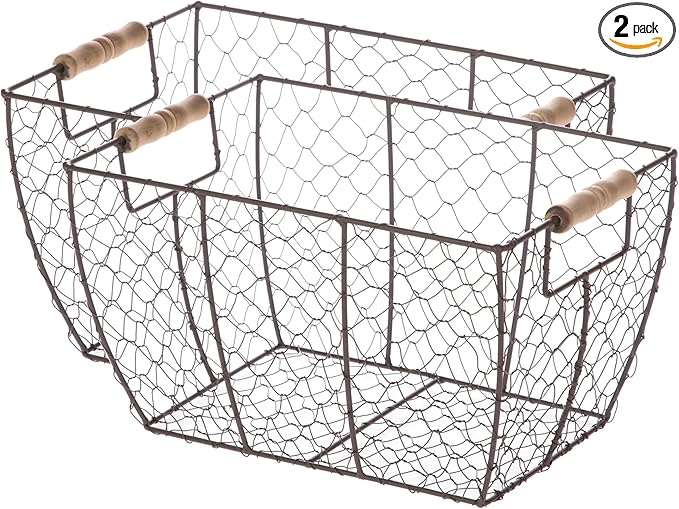2-Pack Decorative Brown Chicken Wire Baskets with Wooden Handles – Multi-Purpose Storage, 12.2" L x 8" W x 7.28" H