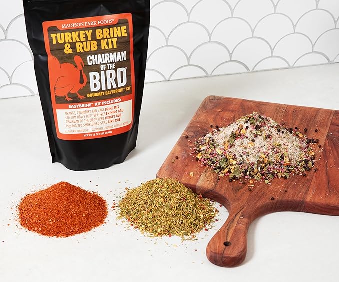 Chairman of the Bird Gourmet Turkey Brine and Rub Kit – Premium Brine Mix, Custom BPA-Free XL Brine Bag and 2 Turkey Rub Seasonings – All Natural Gluten-Free Non-GMO No MSG, 16 Ounces