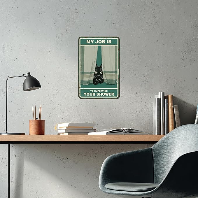Cat Supervisor Tin Sign - Funny Bathroom Wall Decor Featuring a Peeking Black Cat, Vintage Retro Metal Art Poster, Relatable Humorous Gift for Cat Mom and Dad, 8x12 Inch