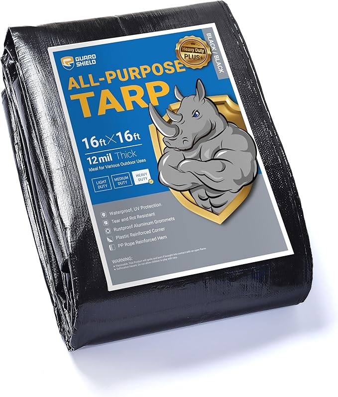 GUARD SHIELD Black Tarps Heavy Duty Plus+ Waterproof 16x16 Feet, 12mil Large Tarp with Reinforced Grommets, Outdoor Cover for Roof, Car, Boat, Truck and Ground Pool
