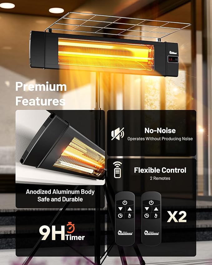 DR. INFRARED HEATER Carbon Infrared Patio Heater with Tripod, Remote Control, Optional On/Off Tip-Over Protection, Freestanding or Wall-Mounted, Black